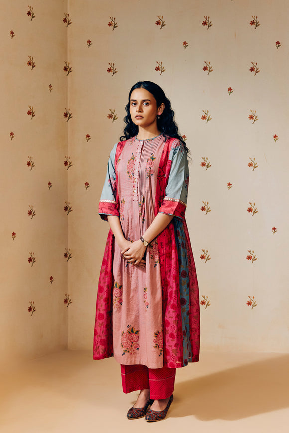 "Old rose and rose pink hand block printed mulmul tunic set, featuring soft, sustainable fabric with artisan-crafted floral patterns – perfect for eco-conscious fashion."