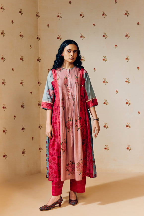 "Old rose and rose pink hand block printed mulmul tunic set, featuring soft, sustainable fabric with artisan-crafted floral patterns – perfect for eco-conscious fashion."