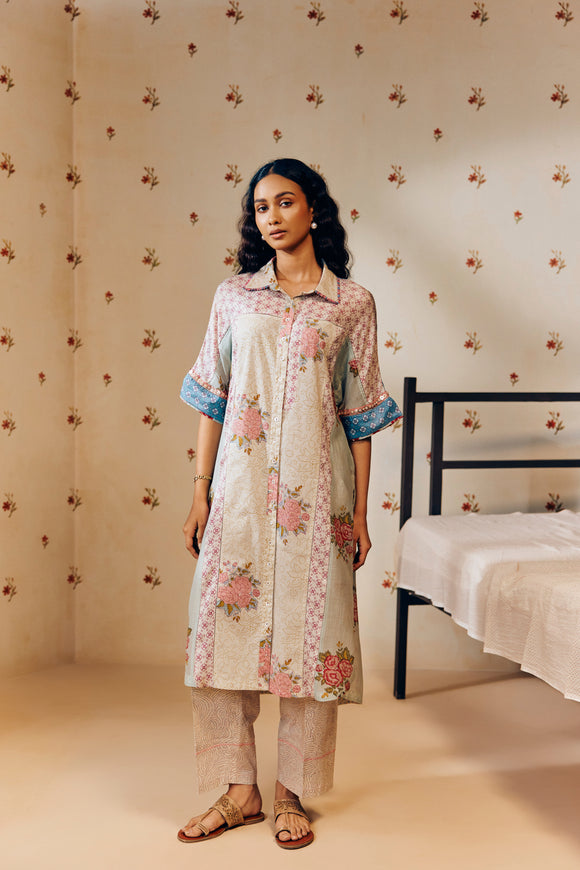 "Off-white hand block printed cotton mulmul tunic set featuring minimalist design with intricate artisan detailing, offering breathable comfort and timeless elegance."