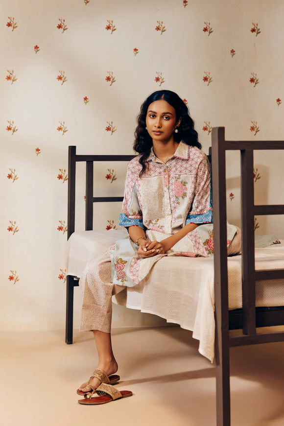 "Off-white hand block printed cotton mulmul tunic set featuring minimalist design with intricate artisan detailing, offering breathable comfort and timeless elegance."