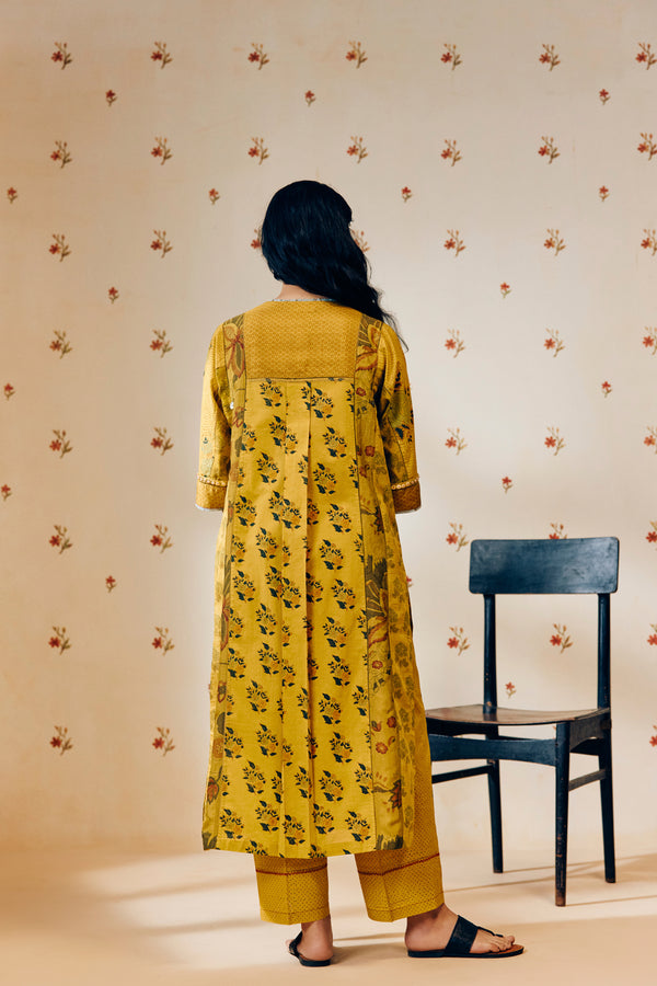 Mustard hand block printed tunic set designed for conscious comfort, featuring intricate patterns on soft, breathable fabric for effortless everyday elegance.