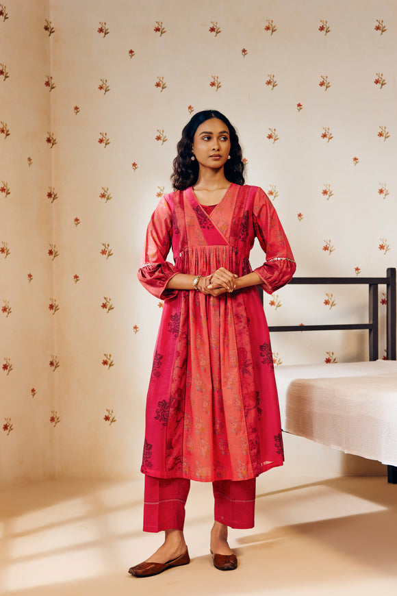 Rose pink hand block printed tunic set crafted from eco-friendly fabric, offering a light and luxurious feel with delicate, artisan-made detailing for mindful, stylish wear.