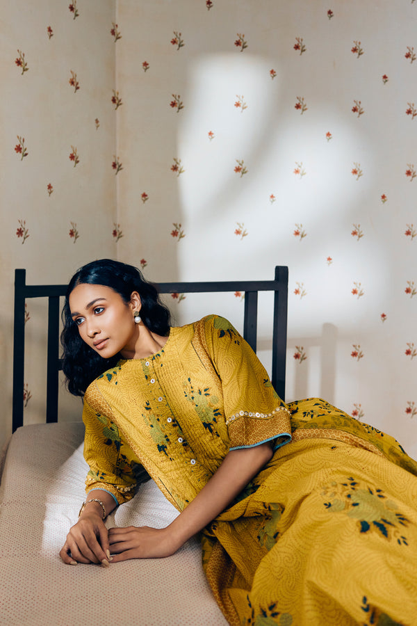 "Mustard tunic set with hand block rose prints, crafted from soft, breathable fabric, blending timeless artisan craft with effortless elegance."