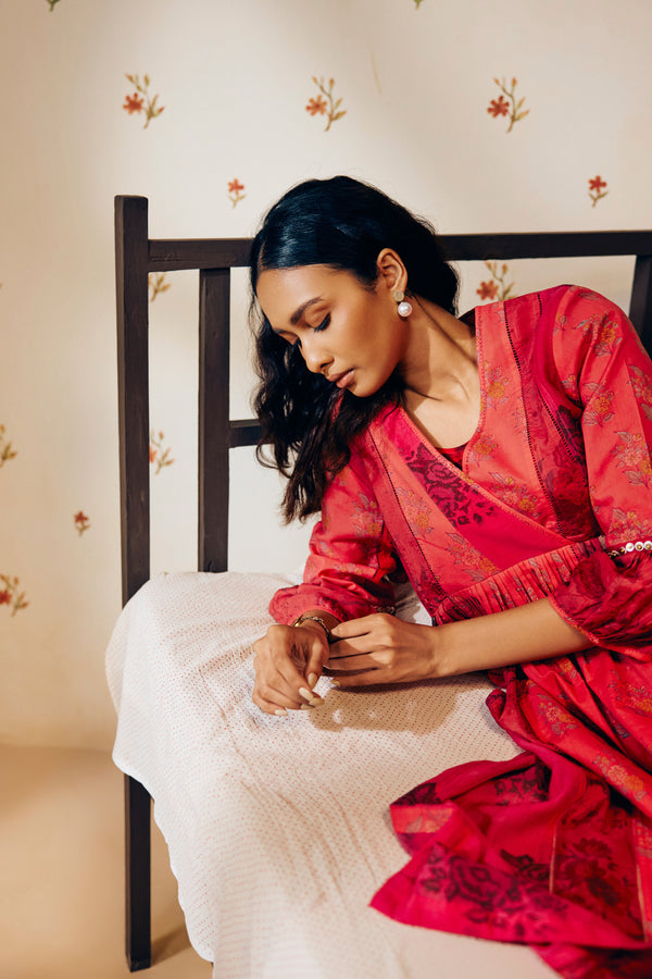 Rose pink hand block printed tunic set crafted from eco-friendly fabric, offering a light and luxurious feel with delicate, artisan-made detailing for mindful, stylish wear.