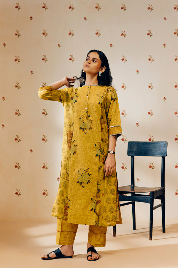 Mustard hand block printed tunic set designed for conscious comfort, featuring intricate patterns on soft, breathable fabric for effortless everyday elegance.