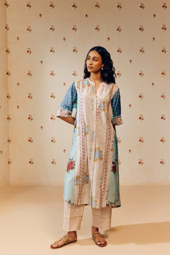 "Off-white hand block printed cotton mulmul tunic set showcasing intricate artisan patterns, crafted from lightweight, breathable fabric for effortless style and comfort."