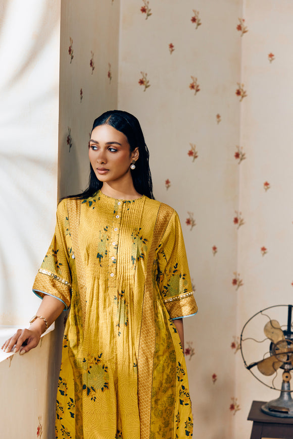 "Mustard tunic set with hand block rose prints, crafted from soft, breathable fabric, blending timeless artisan craft with effortless elegance."