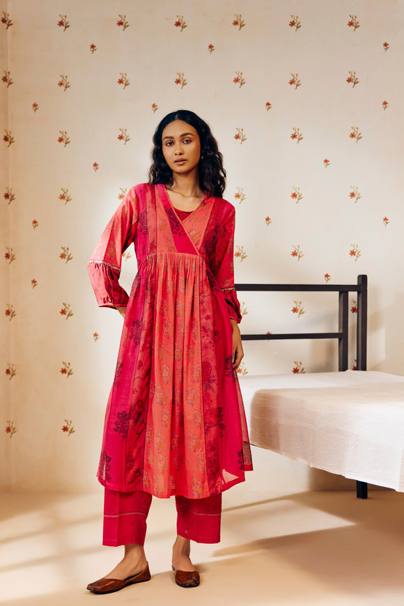Rose pink hand block printed tunic set crafted from eco-friendly fabric, offering a light and luxurious feel with delicate, artisan-made detailing for mindful, stylish wear.